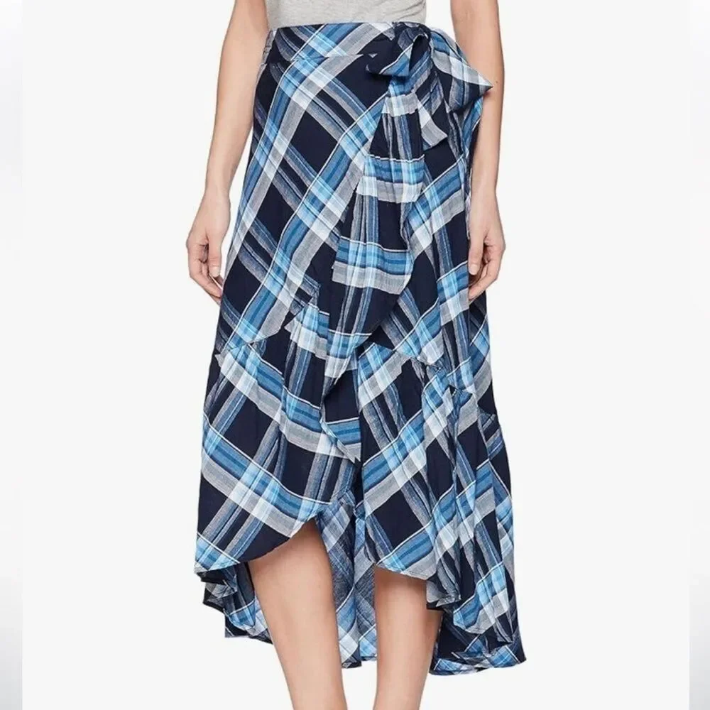 (K2) LAUREN RALPH LAUREN Asymmetrical Ruffle Skirt Navy Blue Midi Skirt, Sz L - Picture 2 of 16